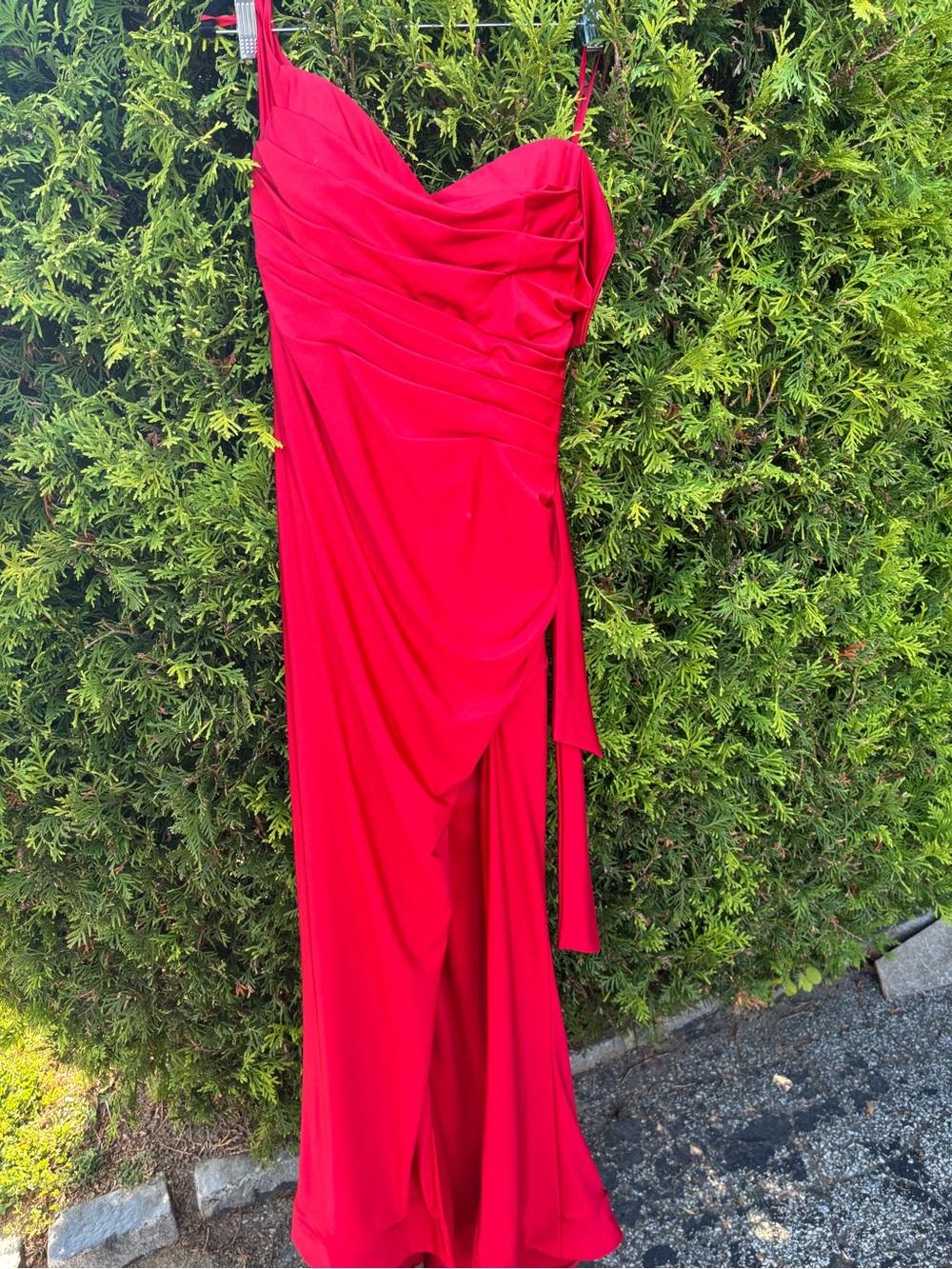 Red Draped Evening Gown - Women Dresses
